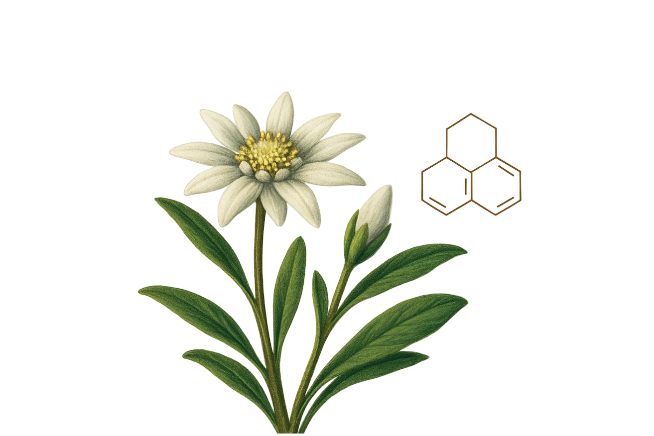 Illustration of a white flower with green leaves and a chemical structure diagram on a white background
